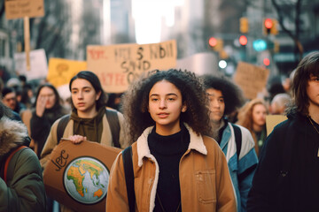 Wall Mural - A group of people, Green activists, walking down a street holding signs to save planet Earth. Generative AI.