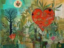 Collage Of A Garden, A Heart On A Floral Background. Inspired By Mi Rowsu (I Have A Garden In My Hart),  I Have A Special Place For You In My Heart. Created With Generative AI Technology.