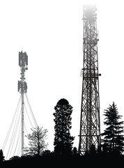 Wall Mural - antenna tower two silhouettes in forest isolated on white