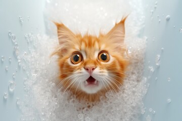 Wall Mural - Funny fluffy wet cat. The kitten is sitting in a bubble bath. Washing pets, bathing. The pet is shocked. White modern bathroom. Lots of foam. No people. Ai Generative