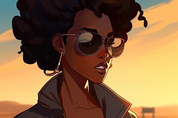 Canvas Print - woman enjoying a sunset while wearing sunglasses and a jacket Generative AI