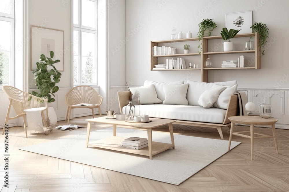 cozy living room with large window and comfortable furniture Generative ...