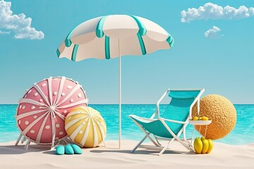 Sticker - There are beach chairs, balls, sunglasses, umbrellas, starfish, and surf boards on the beach. Generative AI