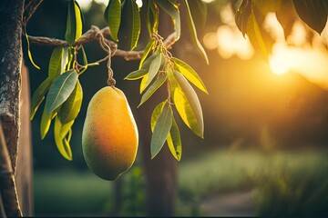 Ripe tropical mango fruit hanging from a branch with a rustic wooden table and a sunset at an organic farm. Generative AI