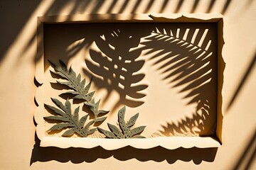 Canvas Print - View from above of green tropical foliage and shadows over a sand-colored backdrop. Lay down. Summer idea with a palm tree leaf. With a unique paper frame, copyspace. Generative AI