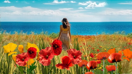 Wall Mural -  young woman walk on beach  sand wild flowers poppy flowers,blue sky on horizon sea water ,nature landscape,generated ai