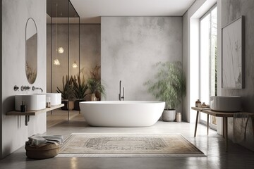 Bathroom corner with a concrete floor and a large gray wall. The bathtub is white. A rug covering the floor and two sinks. a mockup. Generative AI