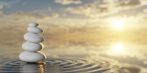 Stack of white pebbles in balance on wavy water surface with sky sunset background, zen, spa, yoga or meditation concept