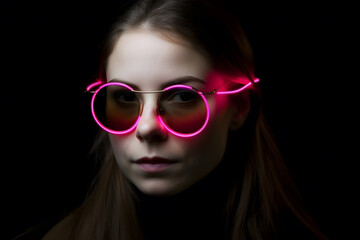 Poster - neon portrait of a girl with glasses. Neural network AI generated art Generative AI