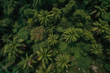 Poster - Illustration of an aerial view of a lush tropical forest with towering palm trees Generative AI