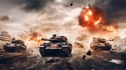 Tank battle scene with armored vehicles engaging in a fierce firefight, capturing the power and destructive capabilities of modern military machinery