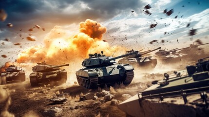 Tank battle scene with armored vehicles engaging in a fierce firefight, capturing the power and destructive capabilities of modern military machinery