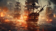 Intense Naval Battle Scene Between Rival Pirate Ships, With Cannons Firing, Sails Billowing, And Pirates Swinging From Ropes In A Clash For Supremacy