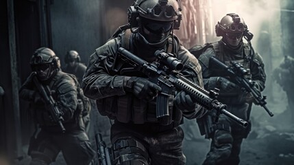 Team of elite special forces soldiers executing a covert mission behind enemy lines, showcasing their tactical skills, advanced weaponry, and stealthy maneuvers