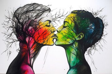 An abstract illustration of two young women kisses. Sketch drawing with colors in accents. Generative art