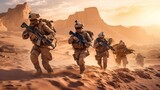 Fototapeta Kosmos - Squad of soldiers conducting a desert patrol, navigating vast sand dunes, rugged terrain, and harsh weather conditions in a hostile environment