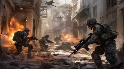 Poster - Depict an intense infantry assault scene, with soldiers advancing through a war - torn urban environment, facing enemy resistance, and utilizing cover and teamwork