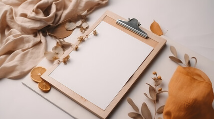 Clipboard with blank paper mock up in frame of eucalyptus branches, dried oranges and leaves, ribbon on beige blanket background. Flat lay, top view wedding rustic concept