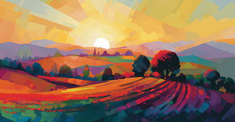 Wall Mural -  landscape background inspired by the bold colors and brushstrokes of Post-impressionism