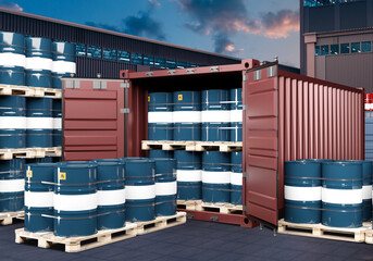 Wall Mural - Barrels with chemicals. Container in industrial area. Transportation of toxic products. Territory of plant with barrels filled with chemicals. Concept of transporting petrochemical goods. 3d image