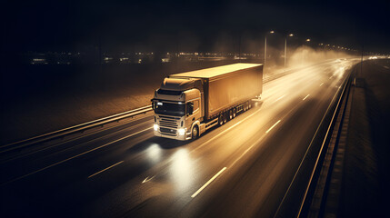 Truck driving on highway at night, car headlight light trail speed motion blur,futuristic logistic transportation background 