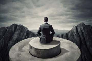 Wall Mural - businessman sitting contemplative on top of a rock