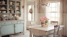Interior Design Inspiration Of Farmhouse Shabby Chic Style Home Dining Room Loveliness Decorated With Wood And Lace Material And Chandelier .Generative AI Home Interior Design .