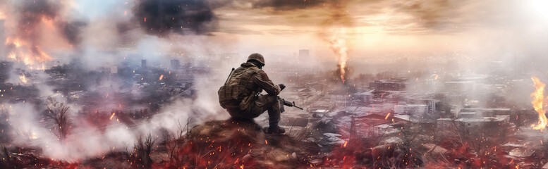 Wall Mural - soldier watching over a hill over a destroyed battlefield for aftermath and world war concepts as wide banner with copyspace area - Generative AI