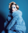 Beautiful woman wearing blue faux fur coat. AI generated image.	