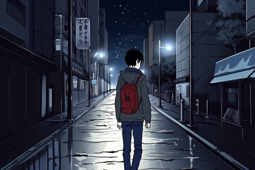 Wall Mural - Sad anime guy walking alone on city street. AI generated image.