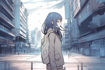 Wall Mural - Anime girl walking alone on city street. AI generated image.