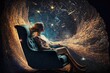 Abstract art of sitting woman among galaxy in mental health of vastness with nebula and star background. Concept of mind dwelling with space and astrology in creative artwork. Glorious generative AI.