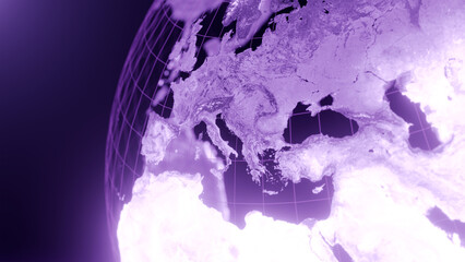  3D render of europe globe map, Technology and Futuristic purple line glowing Earth Background