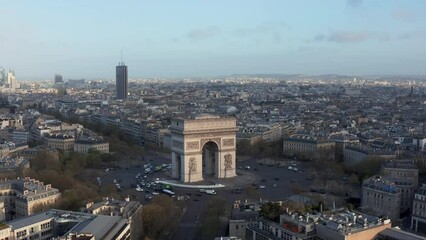 Poster - Flying around Arc de Triumph, Paris city panorama, morning sunrise light