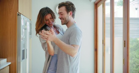 Wall Mural - Happy couple, dance and young in kitchen, home and morning with love, happiness and bonding. Man, woman and comic dancing with hug, spinning and steps with romance, care and together in apartment