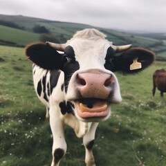 Wall Mural - pasture smile cattle portrait cow field rural head closeup animal. Generative AI.