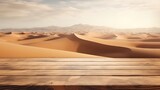 Fototapeta Na sufit - A wooden table in the middle of a desert. Generative AI