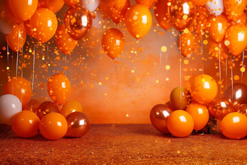 Wall Mural - An orange balloon themed photography backdrop. AI generative