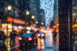 Photograph of busy city street, taken at dusk on a rainy day, water beading on glass, camera focus on window. AI generative