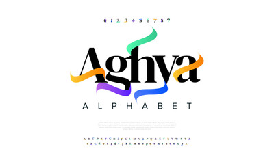 Wall Mural - Aghya abstract digital technology logo font alphabet. Minimal modern urban fonts for logo, brand etc. Typography typeface uppercase lowercase and number. vector illustration