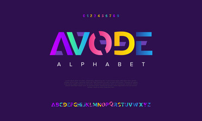 Wall Mural - Avode colorful abstract digital technology logo font alphabet. Minimal modern urban fonts for logo, brand etc. Typography typeface uppercase lowercase and number. vector illustration