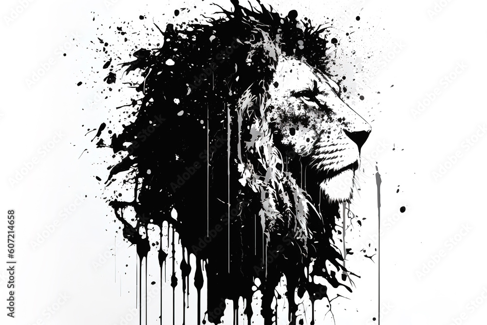 Image painting of a lion head drawing using a brush and black ink on ...