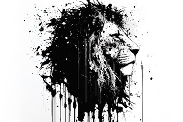 Wall Mural - Image painting of a lion head drawing using a brush and black ink on white background. Wildlife animals. Illustration, Generative AI.