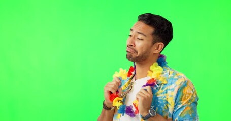 Wall Mural - Happy, dancing and man in studio with green screen with a colorful hawaiian flower band. Happiness, smile and portrait of male person with crazy, comic and fun dance isolated by chromakey background.