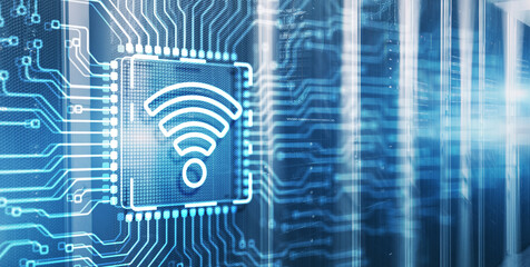 Wall Mural - Wireless internet connection on Electronic Circuit Board Chip