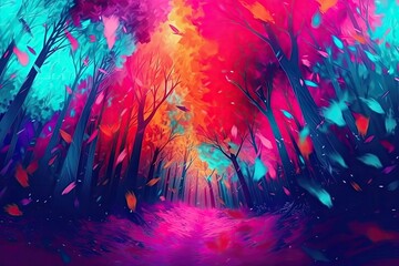 Wall Mural - vibrant and colorful forest with tall trees Generative AI