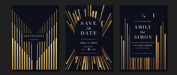 Luxury wedding invitation card background vector. Golden elegant geometric shape, gold lines on dark background. Premium design illustration for wedding and vip cover template, banner, poster.