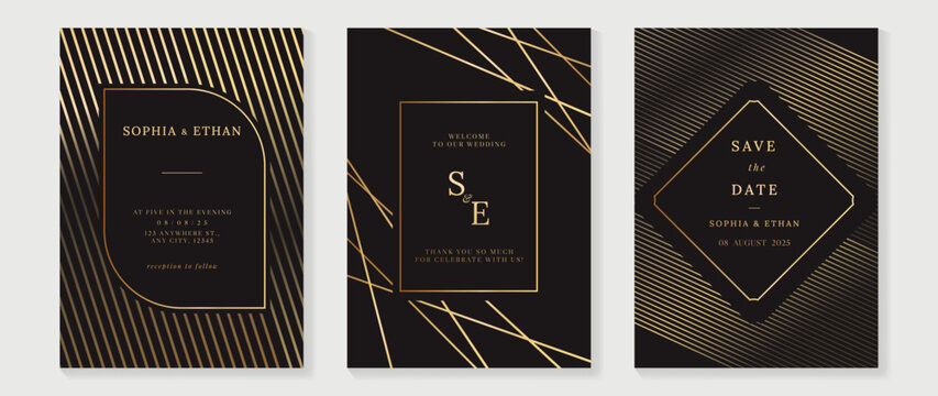 Luxury wedding invitation card background vector. Golden elegant geometric shape, gold lines on dark blue background. Premium design illustration for wedding and vip cover template, banner, poster.