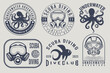 Underwater scuba diving club vector vintage emblems and labels. Diving club set of vintage vector emblems, badges, labels, and logos with vintage diver helmet isolated