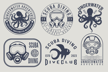 Underwater scuba diving club vector vintage emblems and labels. Diving club set of vintage vector emblems, badges, labels, and logos with vintage diver helmet isolated